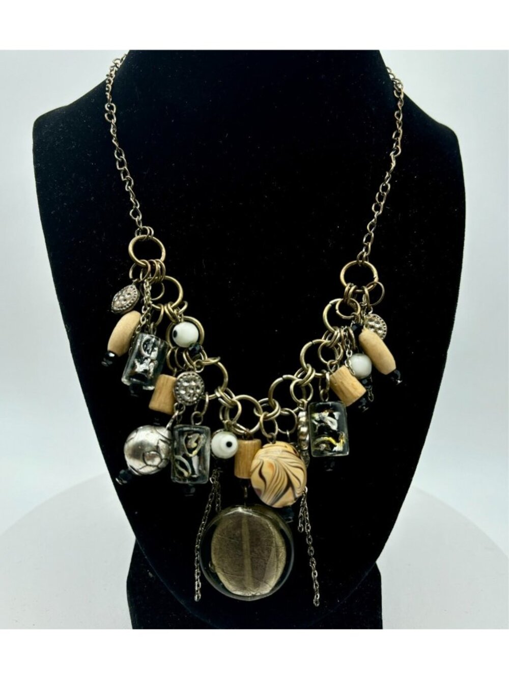 1980s Artisan Mixed Media Murano Bead Glass Wood Crystal Charm Necklace
